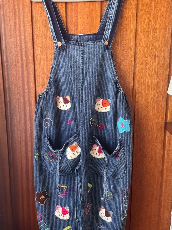 Chiang Mai Pants - Women's Denim Cat Embroidered Overalls